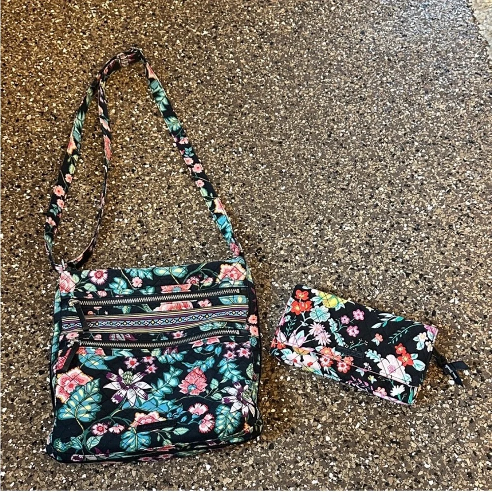 Vera Bradley Black Floral Crossbody Bag with Matching wallet